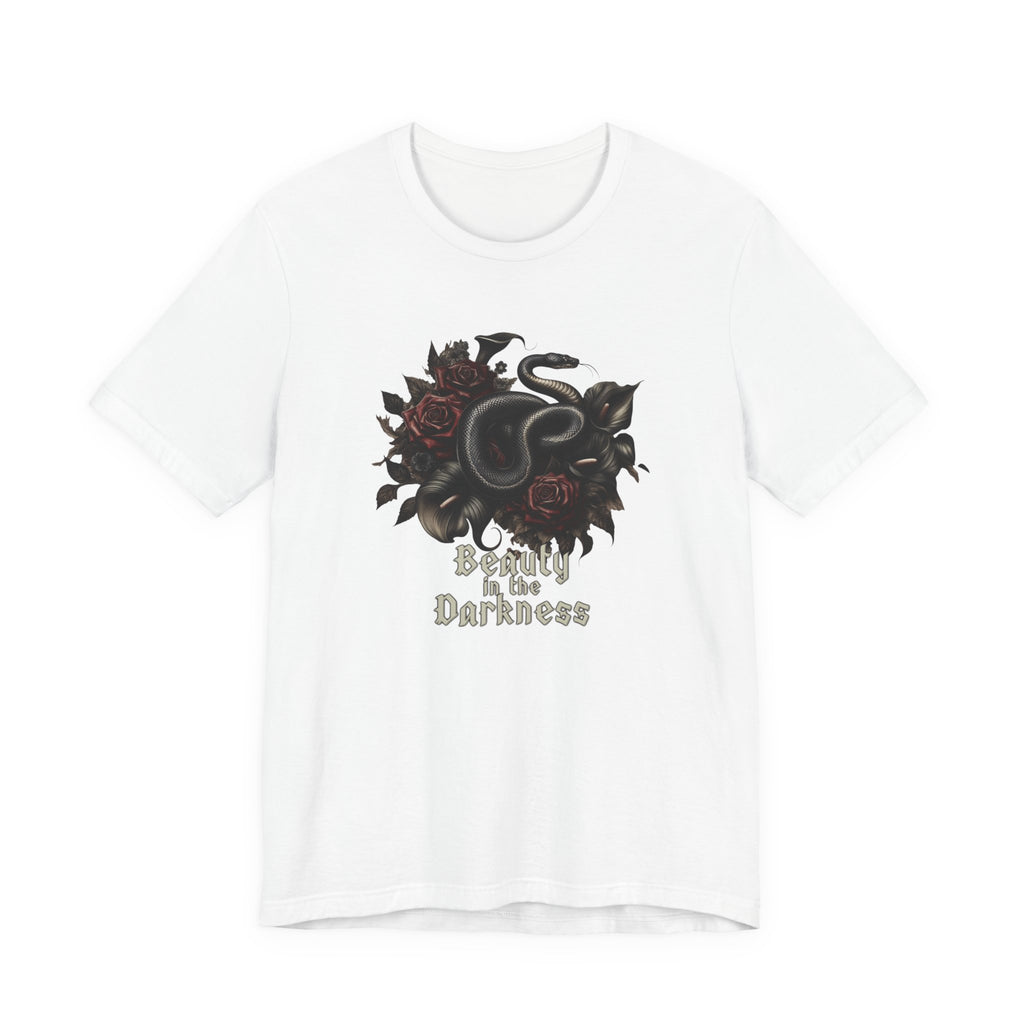 Dark floral wreath with a coiled black snake surrounding elegant gothic typography reading ‘Beauty in the Darkness’.