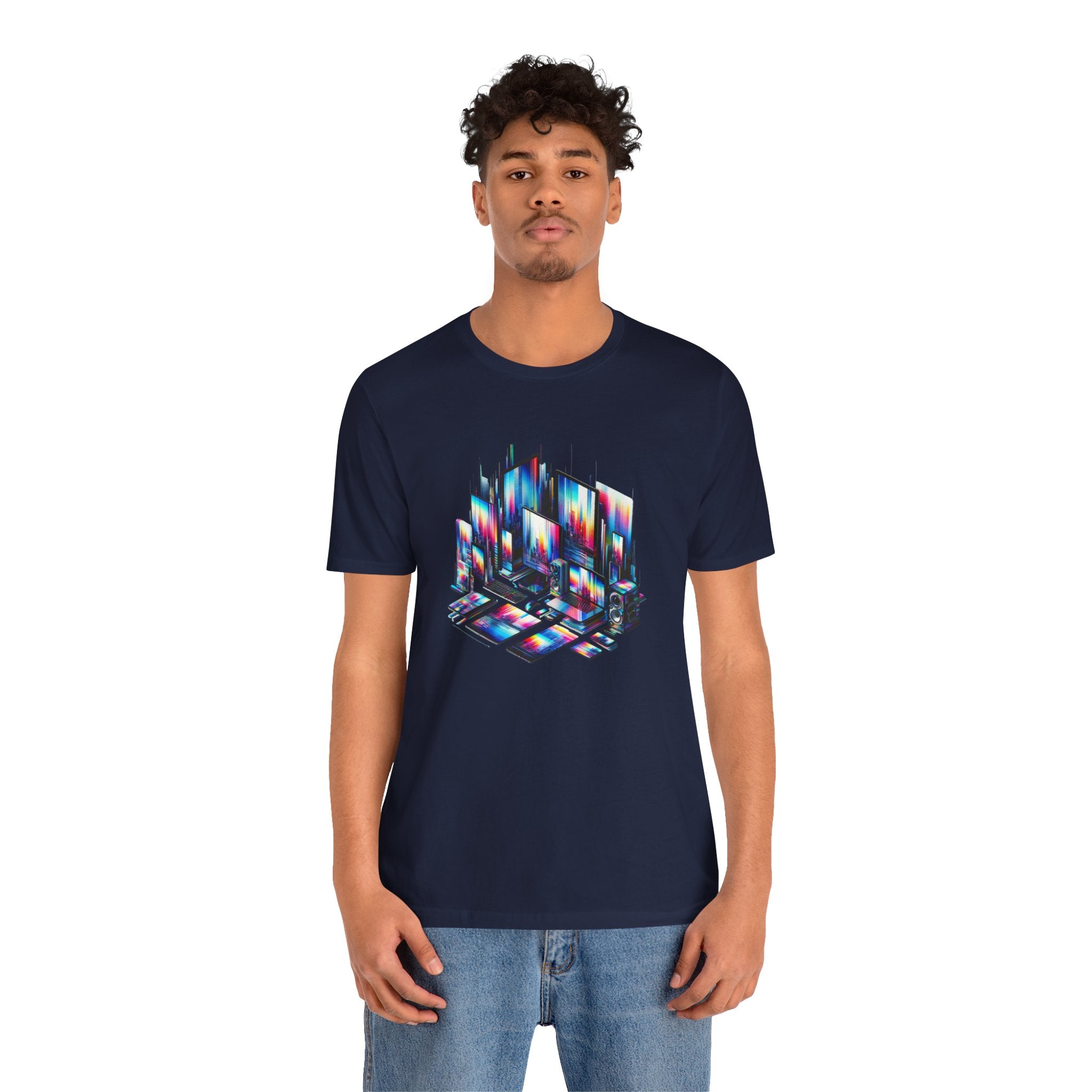 Retro Glitch City T-Shirt — Neon Vaporwave Pixel Tech Devices Tee