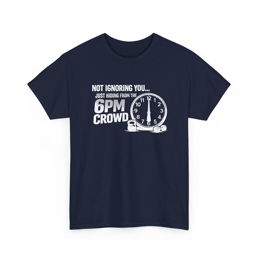 Navy blue gym workout t-shirt with a clock graphic and text on a white background