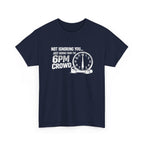 Navy blue gym workout t-shirt with a clock graphic and text on a white background