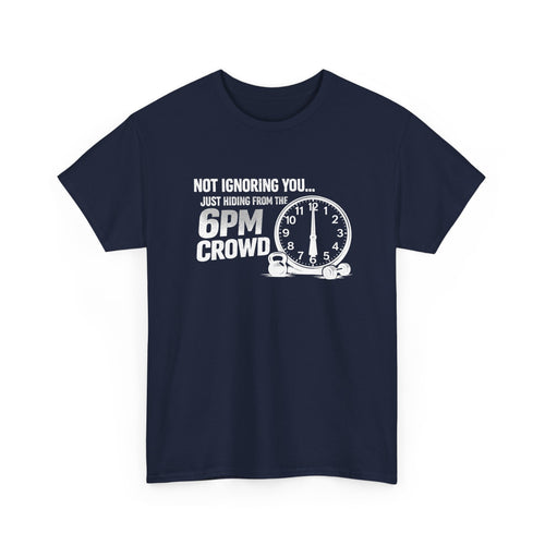 Navy blue gym workout t-shirt with a clock graphic and text on a white background