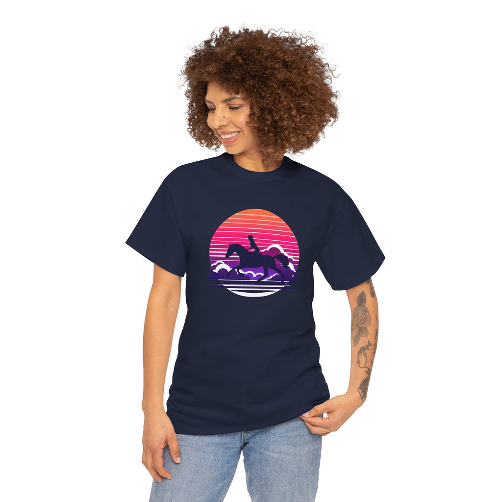 Woman Ride Horse Sunset T-Shirt — Retro Silhouette Beach Vibe Tee