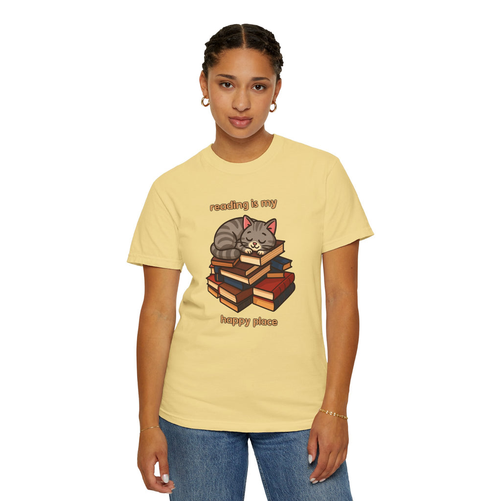 Reading Is My Happy Place T-Shirt — Cute Cat on Books Graphic Tee