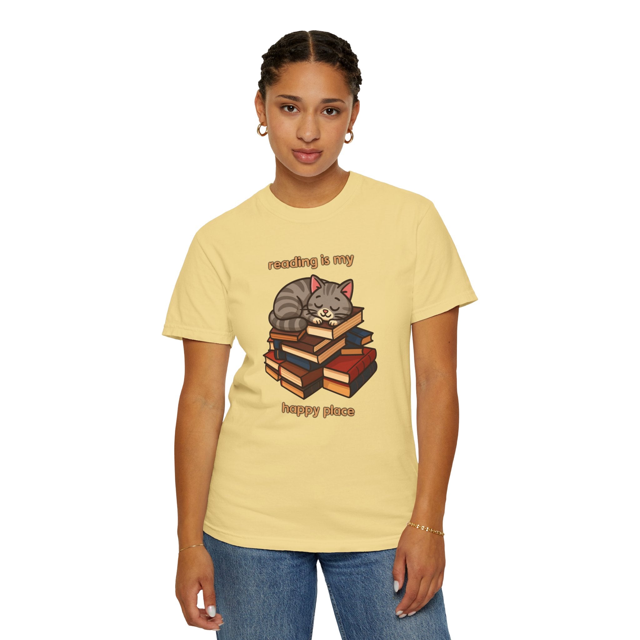 Reading Is My Happy Place T-Shirt — Cute Cat on Books Graphic Tee