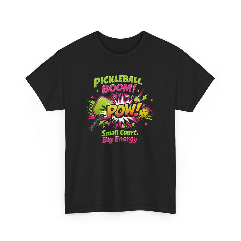 Black t-shirt with colorful pickleball graphic and text on a white background