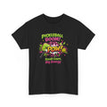 Black t-shirt with colorful pickleball graphic and text on a white background