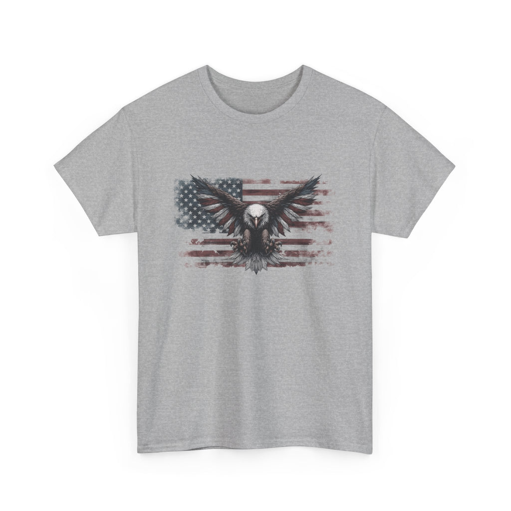 Gray t-shirt with an eagle and American flag design on a white background