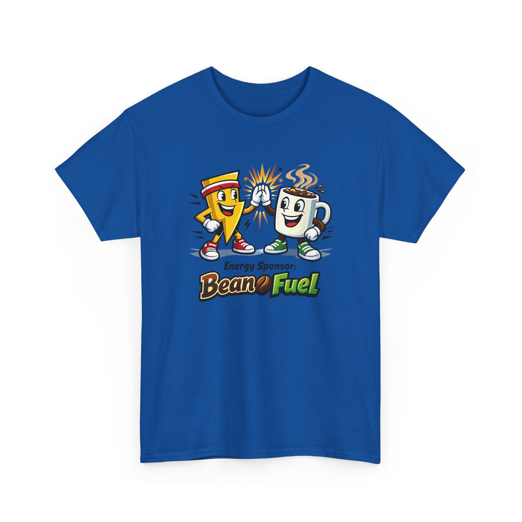 Athletic Energy T-Shirt — 'Energy Sponsor Bean Fuel' Coffee & LIghtning Cartoon Graphic Tee