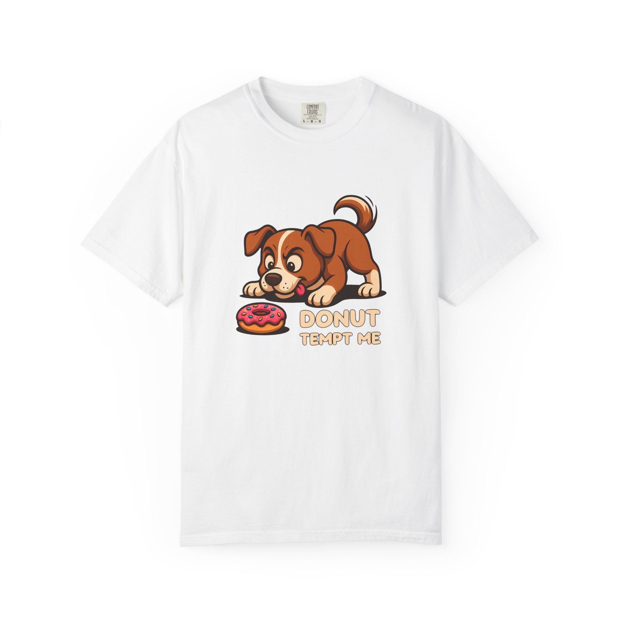 Cartoon puppy eyeing a sprinkled pink donut with the funny phrase ‘Donut Tempt Me’.