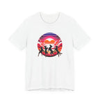 Retro sunset illustration of four dogs dancing in silhouette against colorful pink and orange clouds, playful animal art with a vintage circular design.