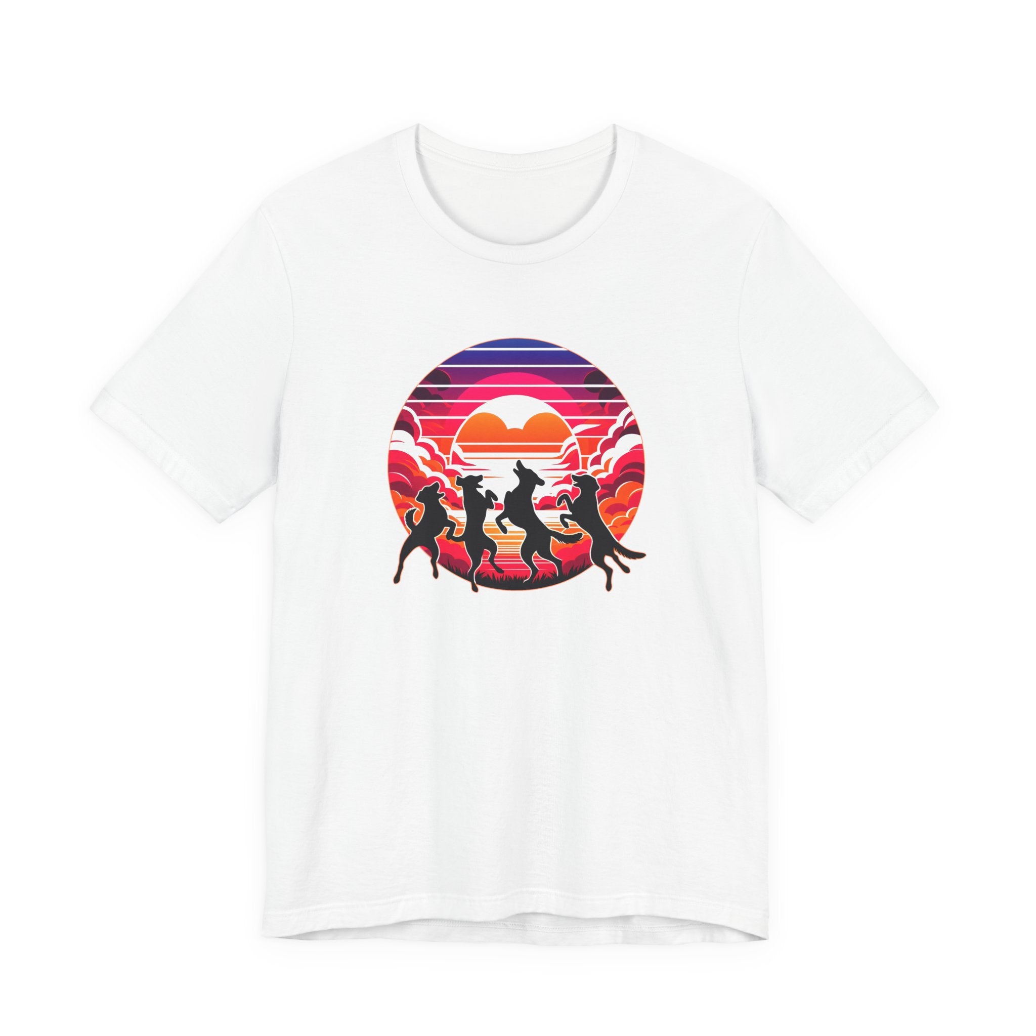 Retro sunset illustration of four dogs dancing in silhouette against colorful pink and orange clouds, playful animal art with a vintage circular design.