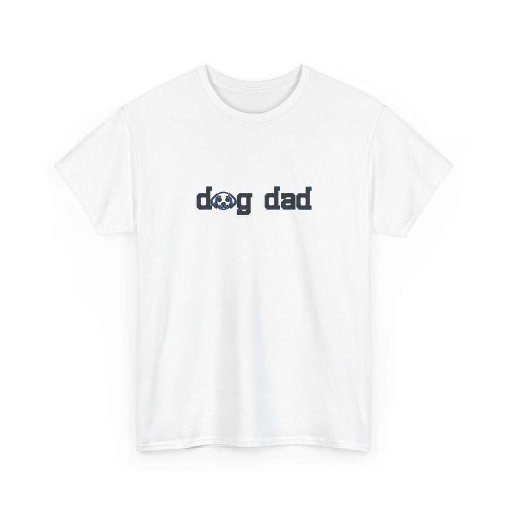 White t-shirt with 'dog dad' text on a white background