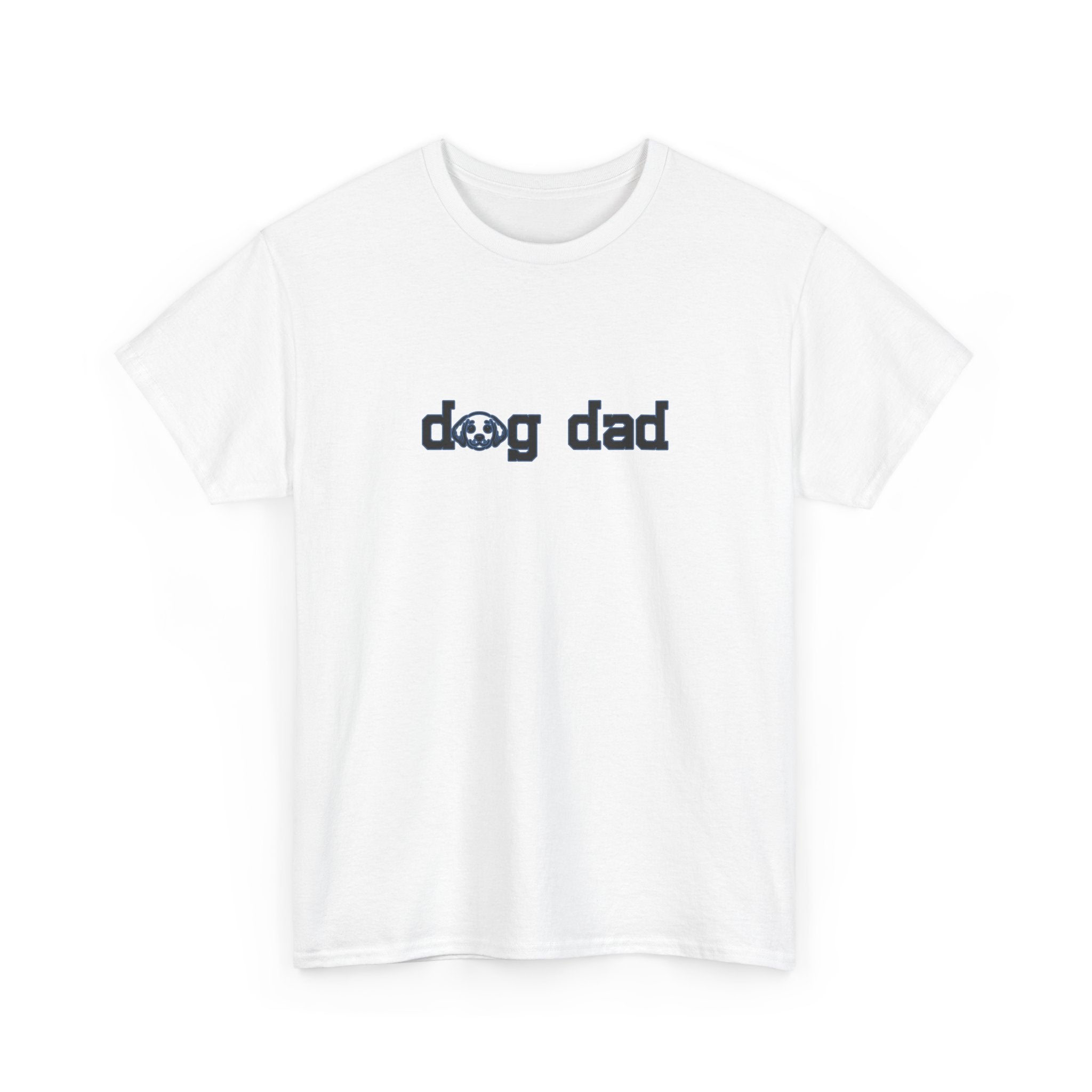White t-shirt with 'dog dad' text on a white background
