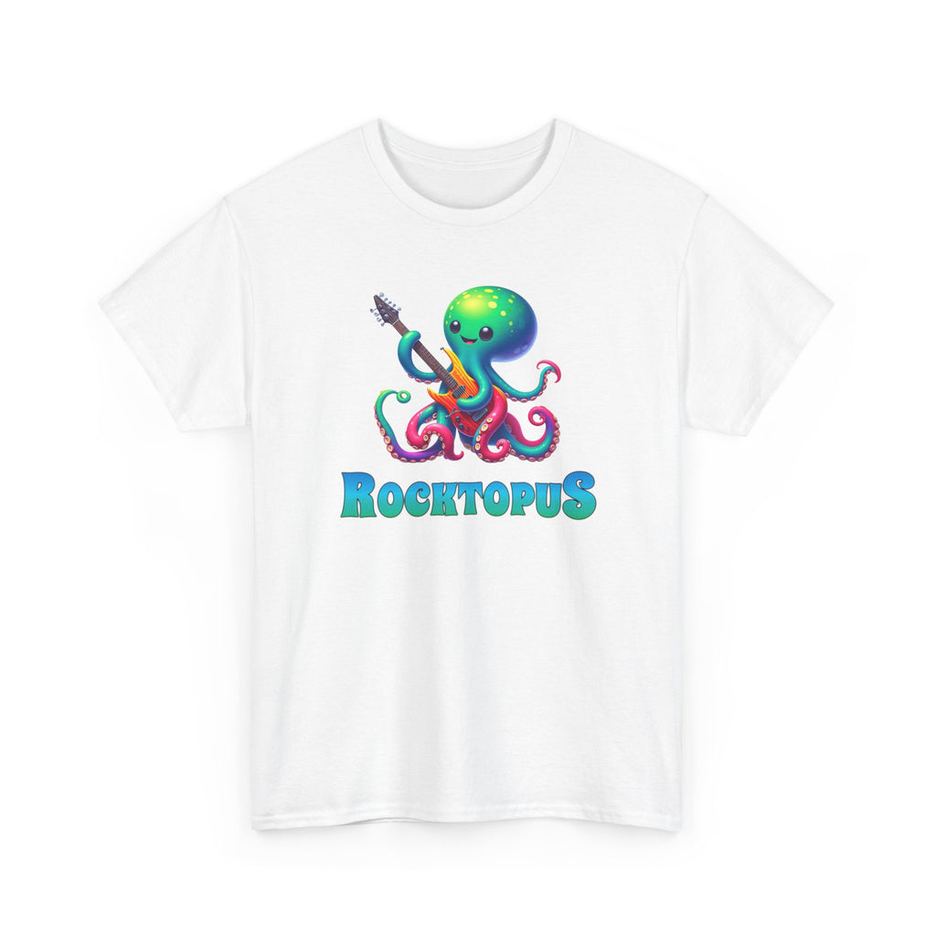 a cute octopus playing an electric guitar with the word 'rocktopus'