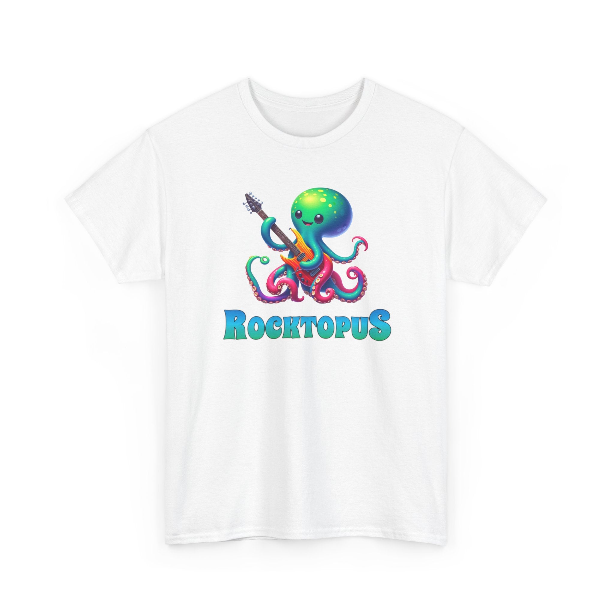 a cute octopus playing an electric guitar with the word 'rocktopus'