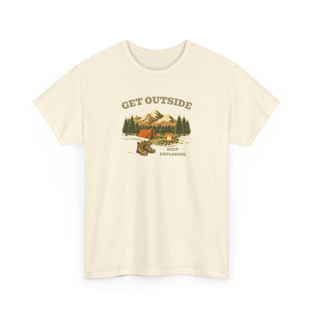 Get Outside Camping T-Shirt — Retro Mountain Tent & Campfire Tee