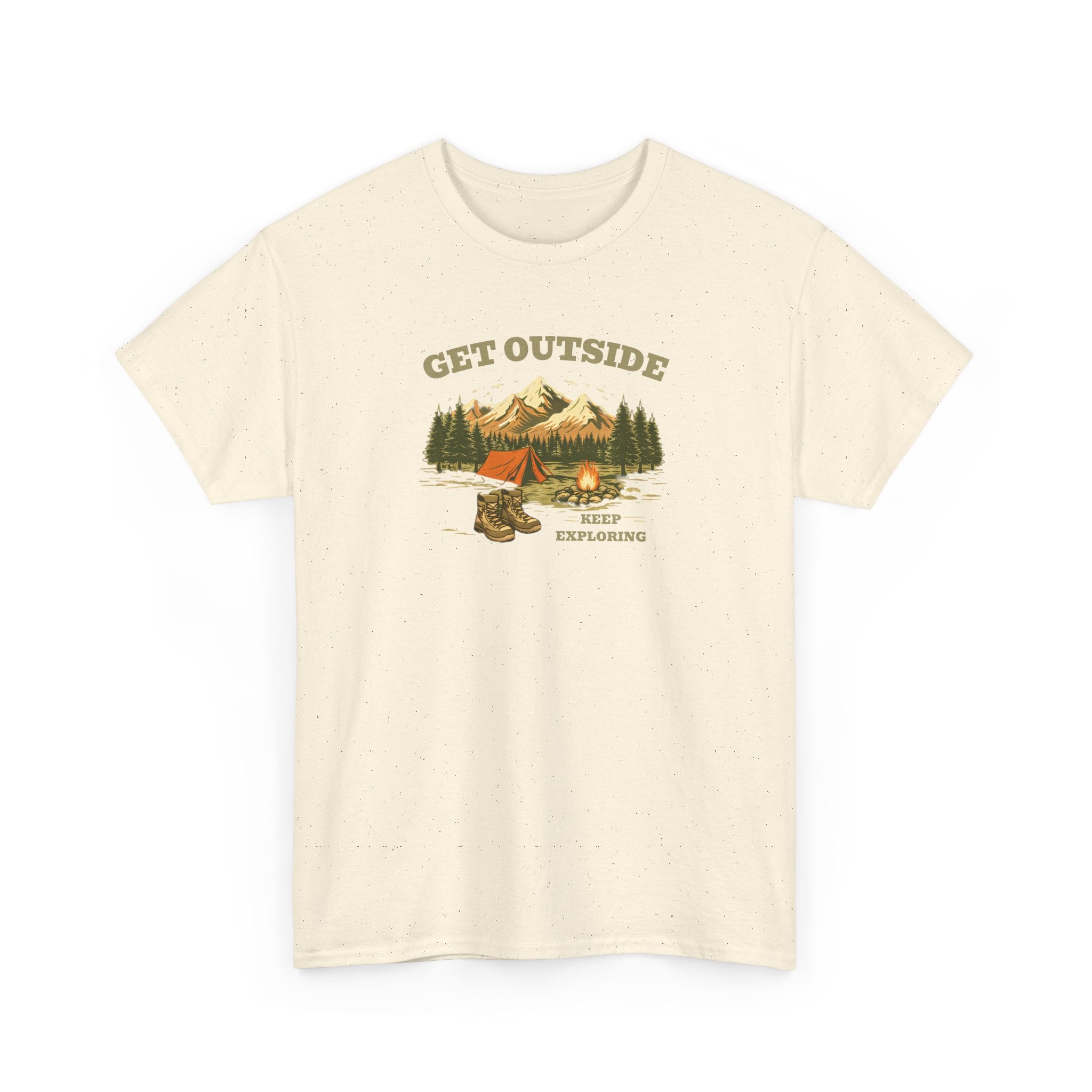 Get Outside Camping T-Shirt — Retro Mountain Tent & Campfire Tee