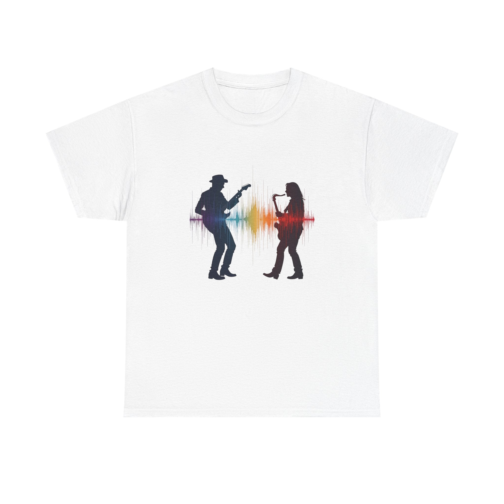 Stylized illustration of a guitarist and a saxophonist facing each other with colorful soundwave equalizer graphics between them, representing live music, rhythm, and musical collaboration.