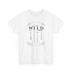 T shirt with decorative typographic design reading ‘I’m wild’ with the words willed, independent, limitless, and driven arranged vertically with elegant flourishes, minimalist motivational quote on a black background.