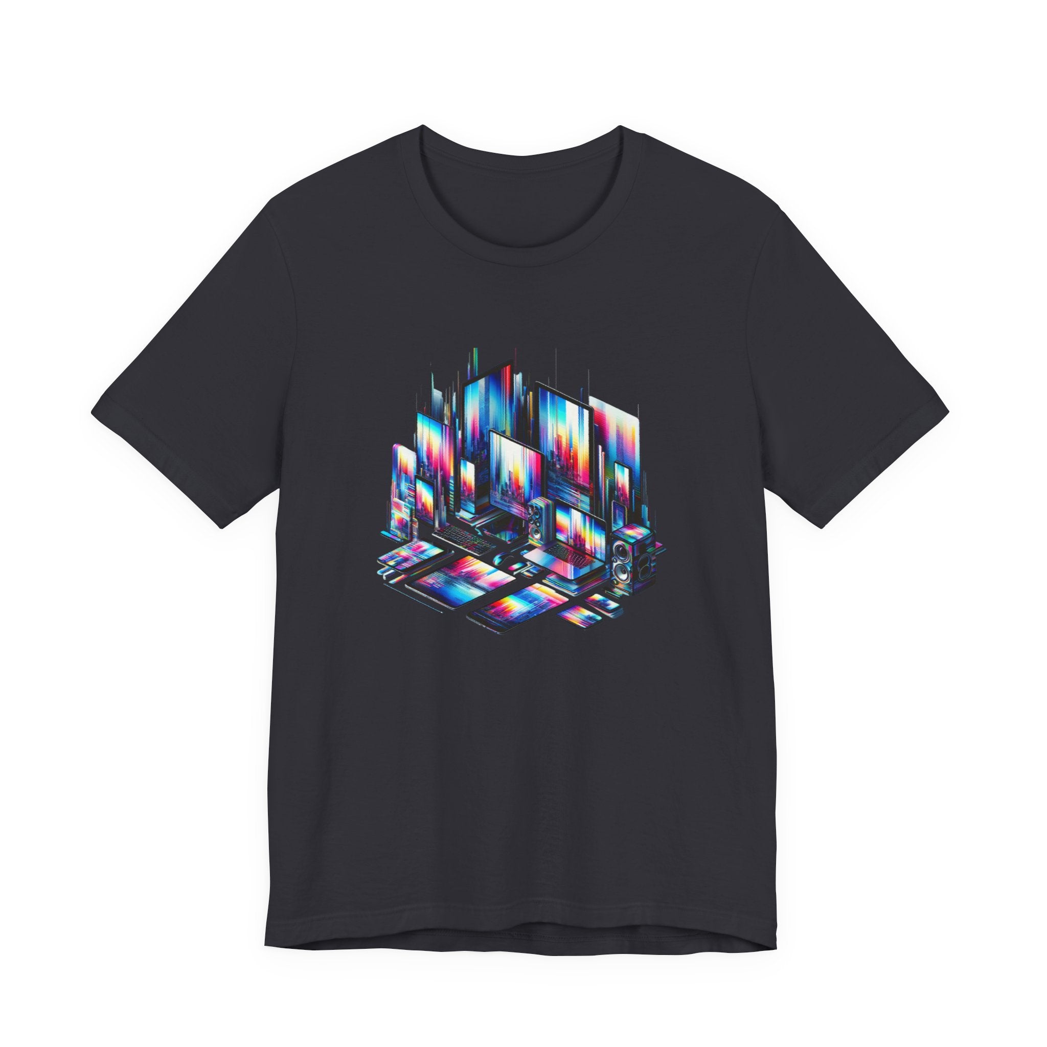 Retro Glitch City T-Shirt — Neon Vaporwave Pixel Tech Devices Tee