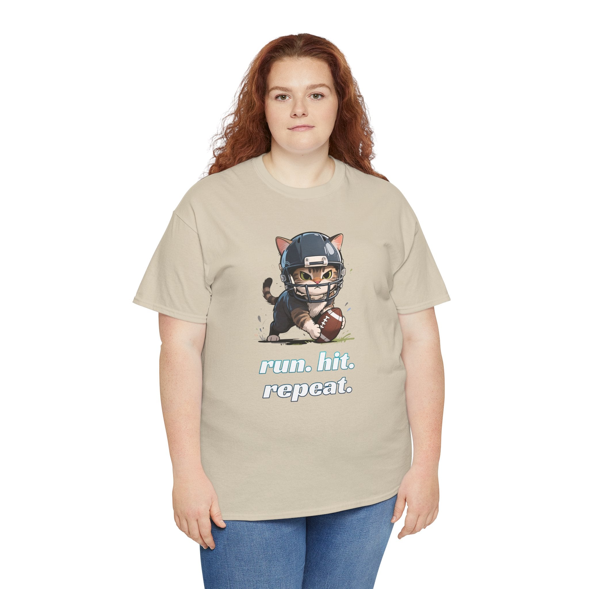 Funny Football Cat T-Shirt — "Run. Hit. Repeat." Cute Helmet Kitten Tee for Football Fans