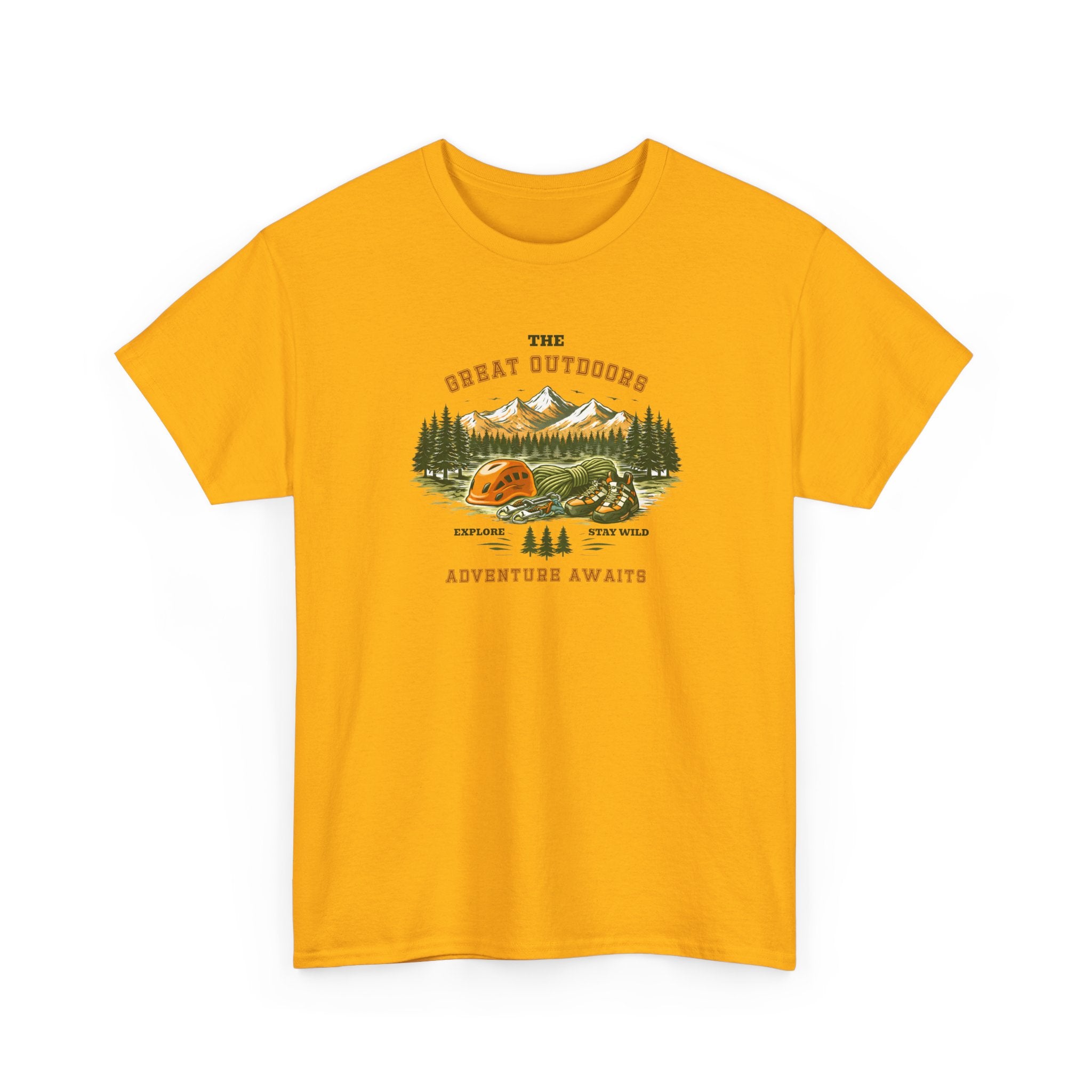 Rock Climbing Camping T-Shirt — "The Great Outdoors: Adventure Awaits" Graphic Tee