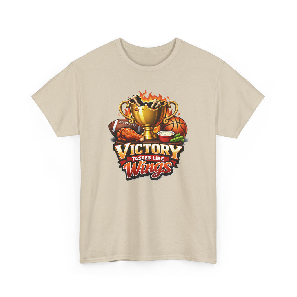 Beige sports trophy t-shirt with 'Victory Tastes Like Wings' graphic design on a white background