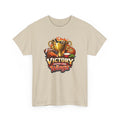 Beige sports trophy t-shirt with 'Victory Tastes Like Wings' graphic design on a white background