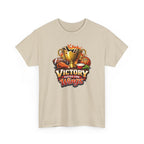 Beige sports trophy t-shirt with 'Victory Tastes Like Wings' graphic design on a white background
