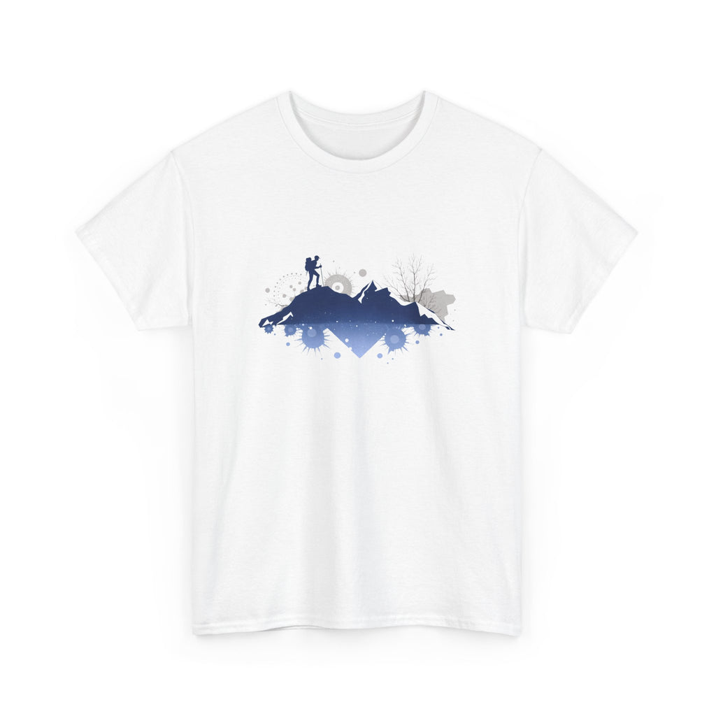 White t-shirt with blue and gray abstract mountain design on a white background