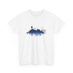 White t-shirt with blue and gray abstract mountain design on a white background