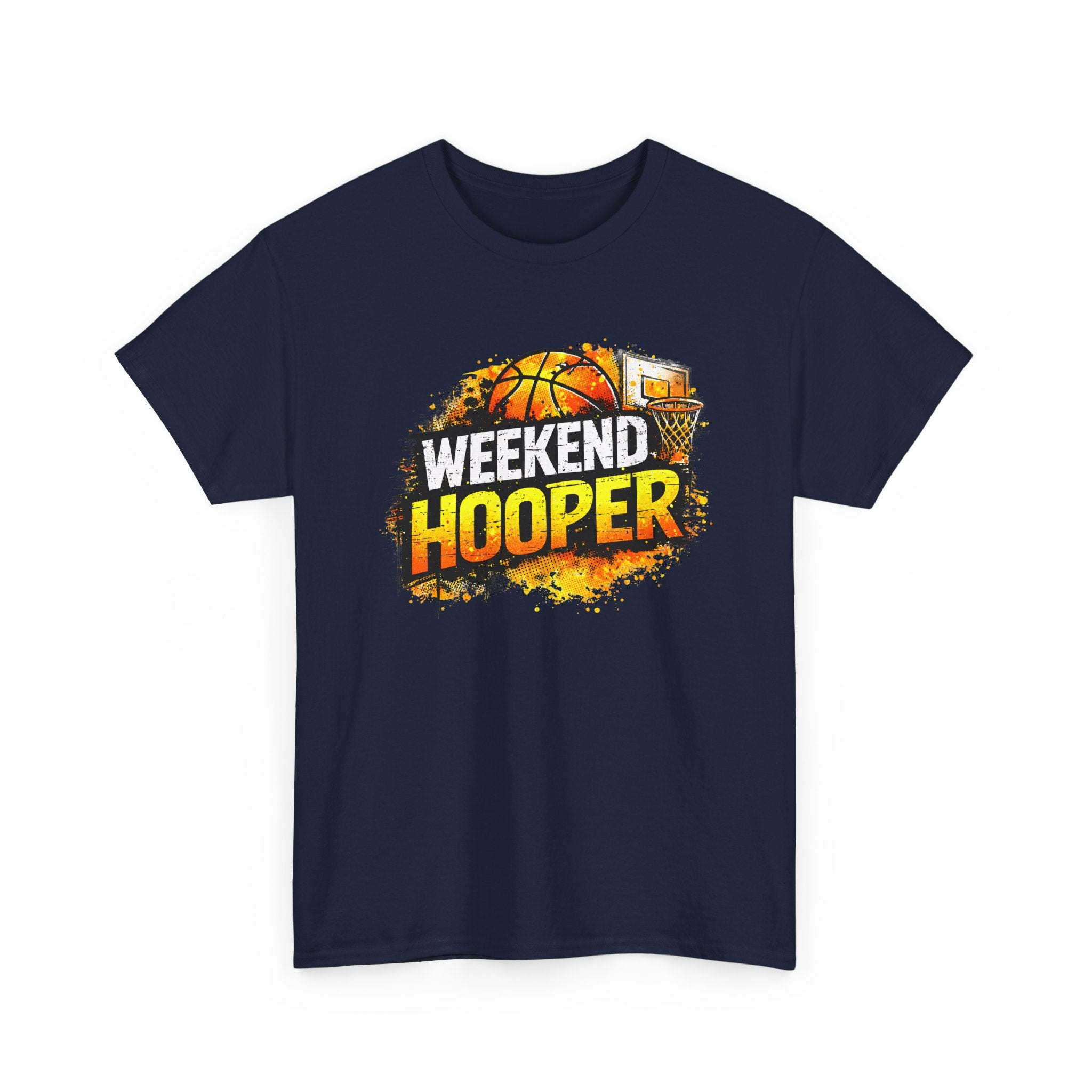 Navy blue t-shirt with 'Weekend Hooper' graphic design featuring a basketball and hoop on a white background.