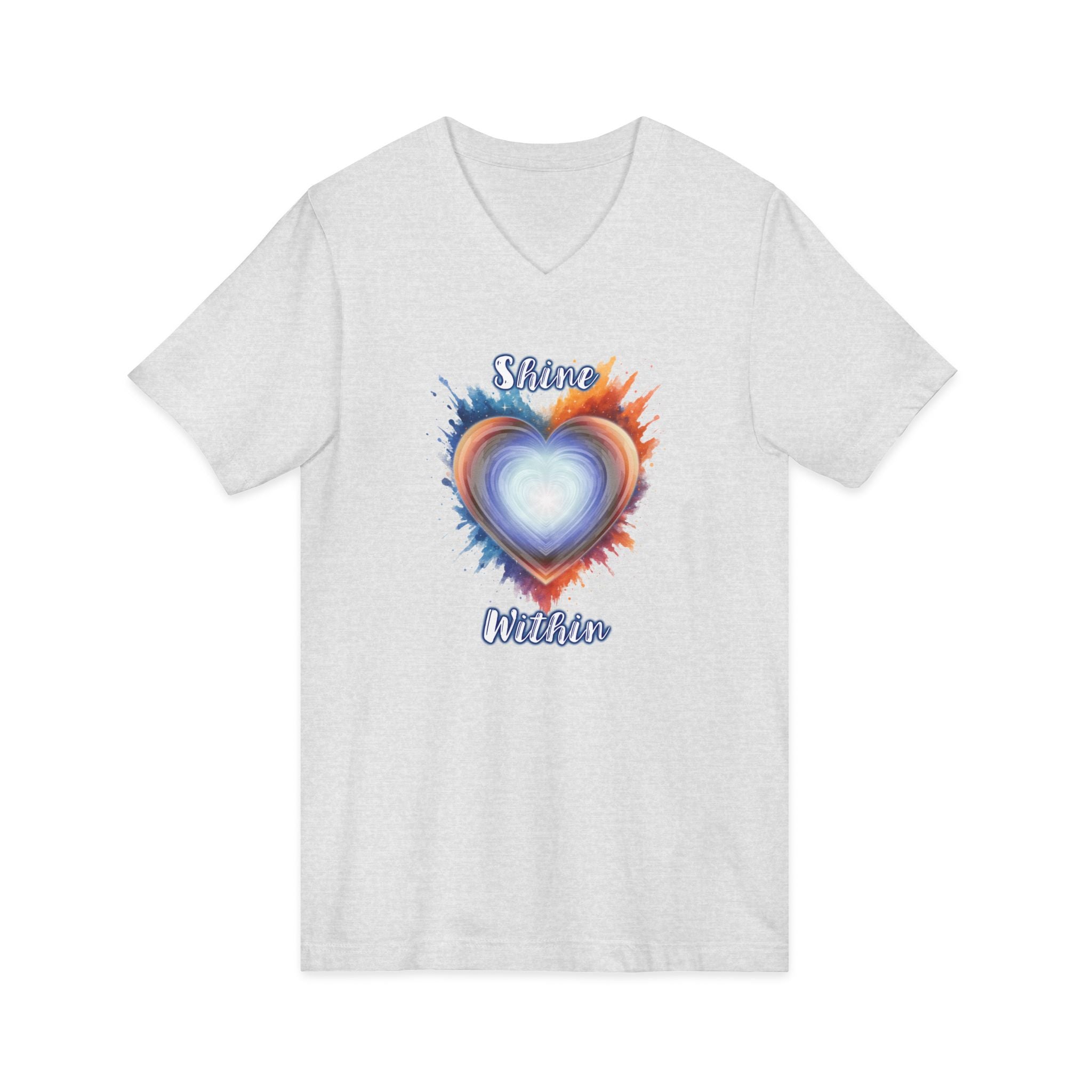 Shine Within V-Neck Tee — Heart Watercolor Splash Flame Design