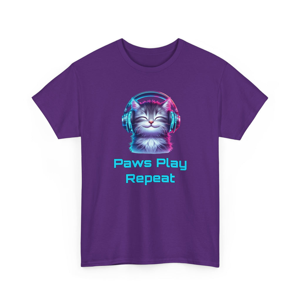 Cat Headphones T-Shirt - "Paws Play Repeat" Cute Music Cat Tee