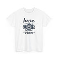 White t-shirt with a camera graphic and text 'here for the view' on a white background