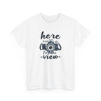 White t-shirt with a camera graphic and text 'here for the view' on a white background