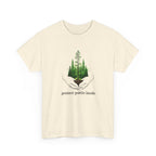 Beige t-shirt with a graphic of hands holding trees and 'protect public lands' text on a white background