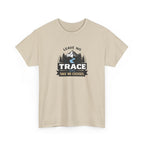Beige t-shirt with outdoor graphic and text 'leave no trace take no excuses' on a white background
