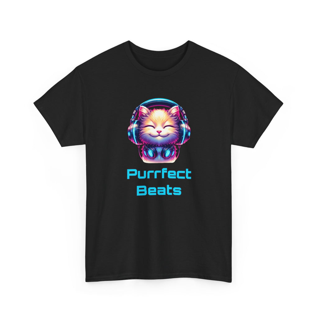 a cat with headphones on, neon pink and blue colors, with the text 'purrfect beats'
