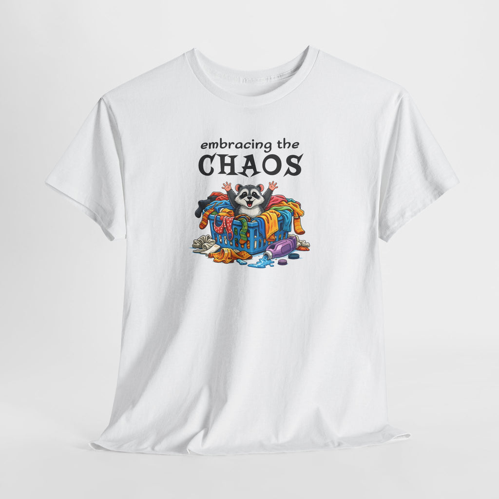 Embracing the Chaos T‑Shirt — Playful Raccoon & Messy Wardrobe Graphic Tee