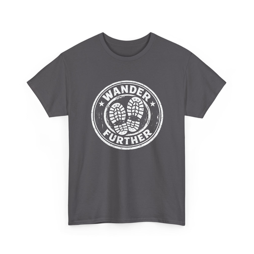 T-Shirt — 'Wander Further' Hiking Boots Graphic Tee — Outdoor Adventure Shirt