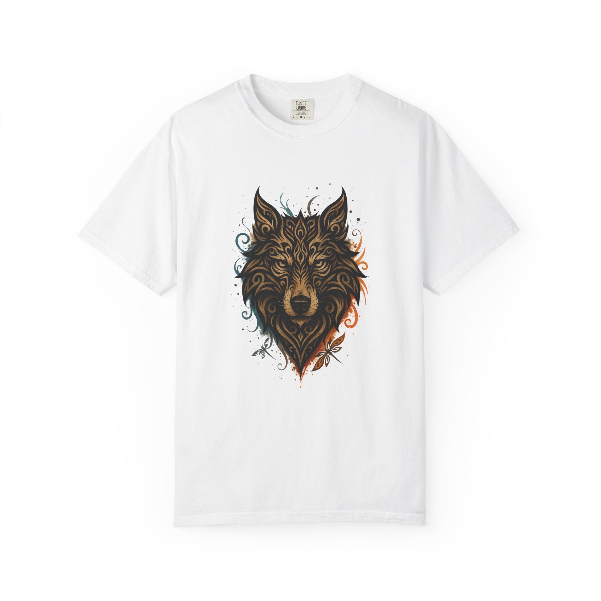 Intricate tribal wolf illustration with ornate patterns, swirling flourishes, and earthy tones creating a powerful and artistic wildlife design.