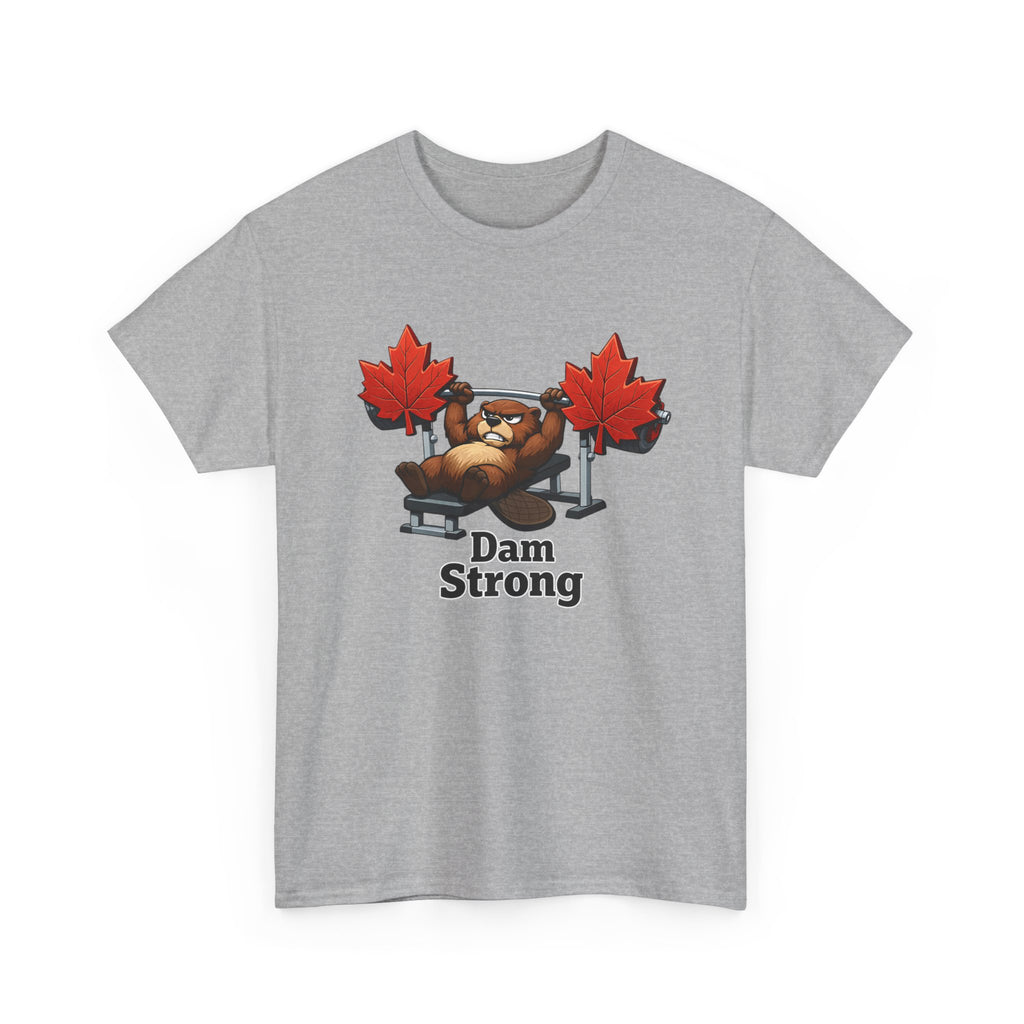 Gray t-shirt with a bear and leaf graphic and 'Dam Strong' text on a white background
