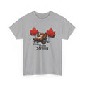 Gray t-shirt with a bear and leaf graphic and 'Dam Strong' text on a white background