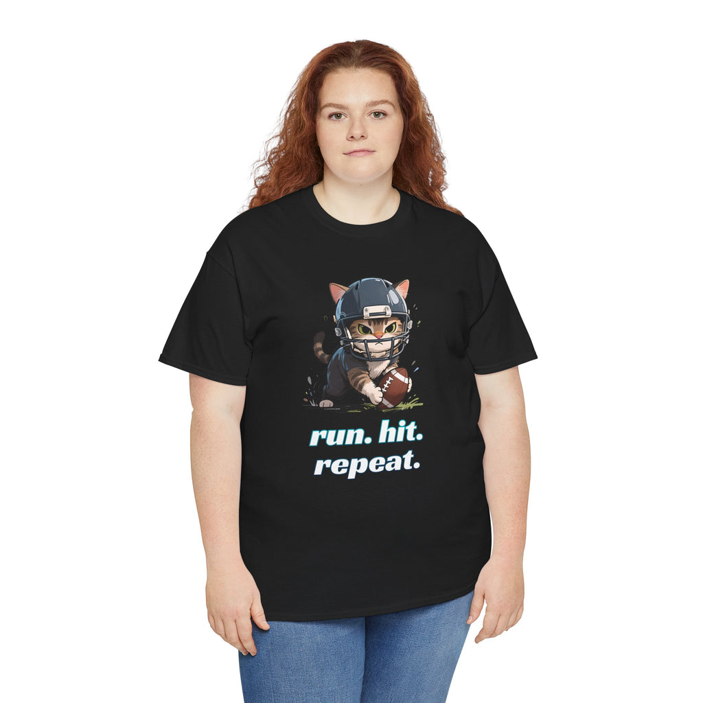 Funny Football Cat T-Shirt — "Run. Hit. Repeat." Cute Helmet Kitten Tee for Football Fans