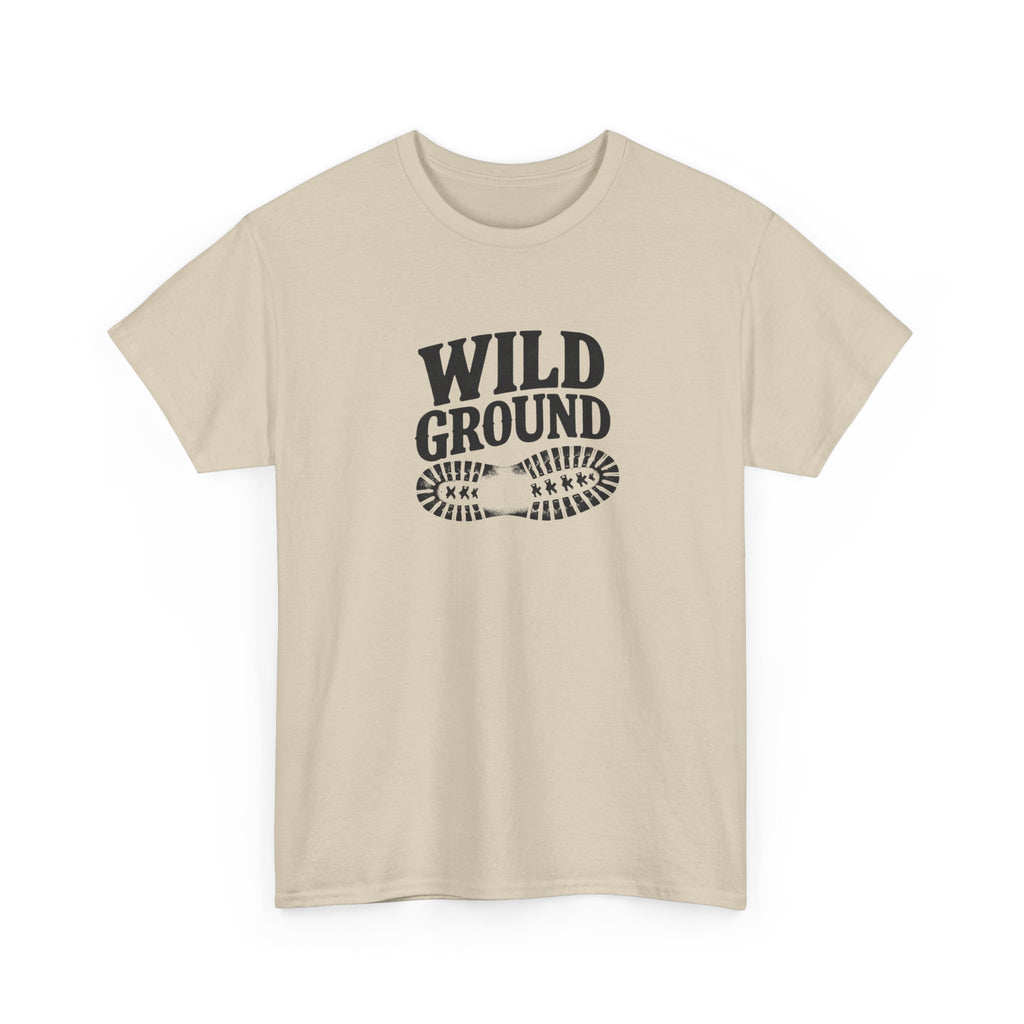 Beige t-shirt with 'Wild Ground' text on a white background