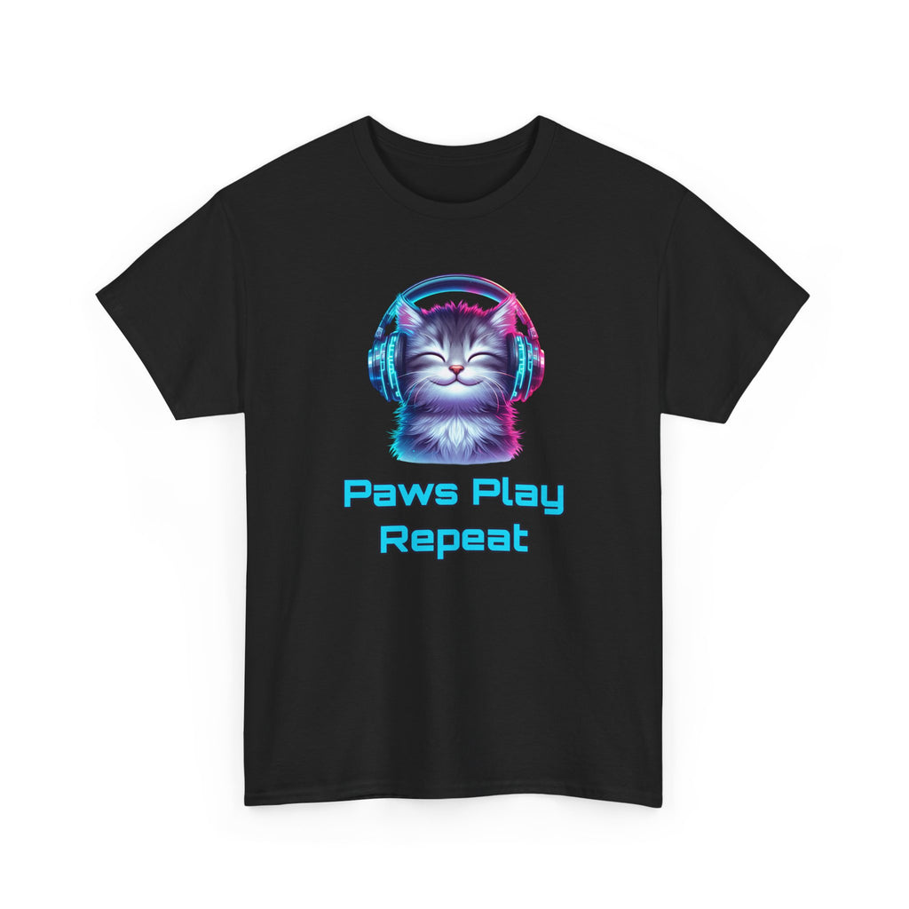Cat Headphones T-Shirt - "Paws Play Repeat" Cute Music Cat Tee