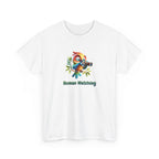 T shirt with a cute colorful cartoon bird perched on a branch using binoculars with the phrase ‘Human Watching,’ a humorous animal illustration perfect for nature lovers and funny wildlife designs.