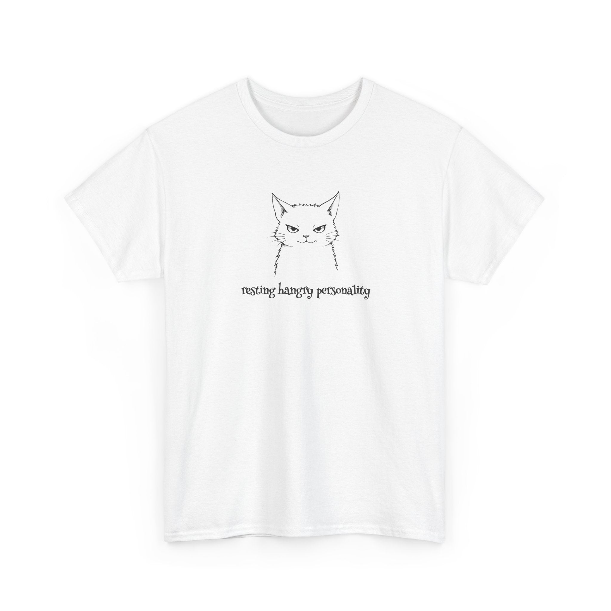 drawing of a cat with a stern look and the text 'resting hangry personality'