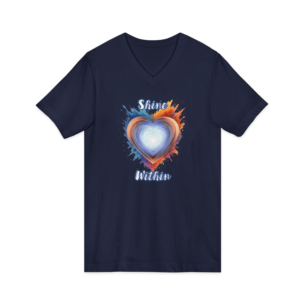Shine Within V-Neck Tee — Heart Watercolor Splash Flame Design